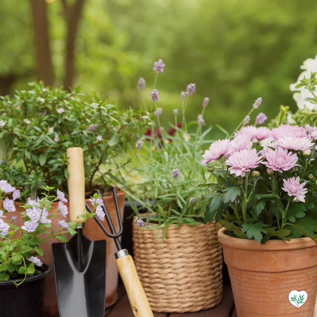 Varie erbe medicinali in vasi di terracotta con attrezzi da giardinaggio, ideali per iniziare la coltivazione di erbe medicinali a casa.