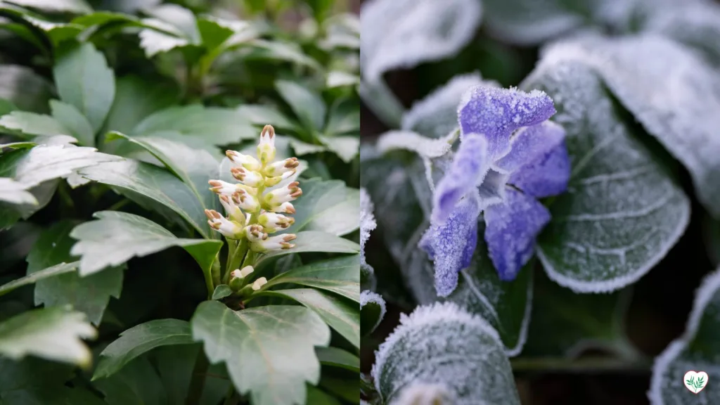 Un'immagine divisa che mostra la Pachysandra in fiore a sinistra e la Vinca Minor coperta di brina a destra, dimostrando la resilienza e la bellezza delle piante coprisuolo in condizioni diverse.