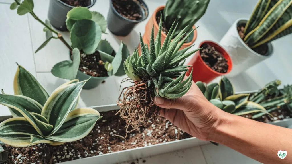 Una persona che tiene una pianta succulenta, illustrando la cura del sistema radicale durante il rinvaso, circondata da varie succulente.