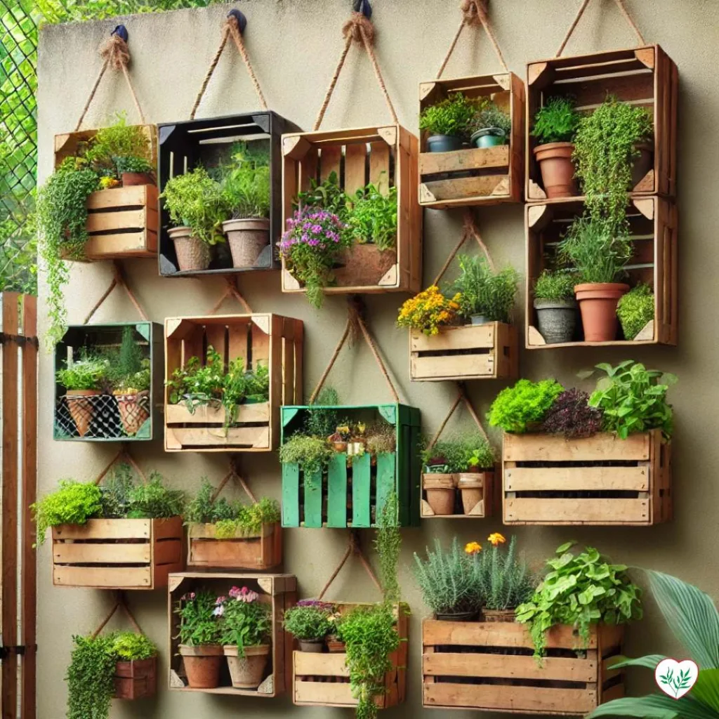 Un giardino verticale sospeso realizzato con cassette di legno, riempite di piante, fiori ed erbe aromatiche, attaccato a un muro e sospeso con corde, creando un aspetto rustico e vivace.