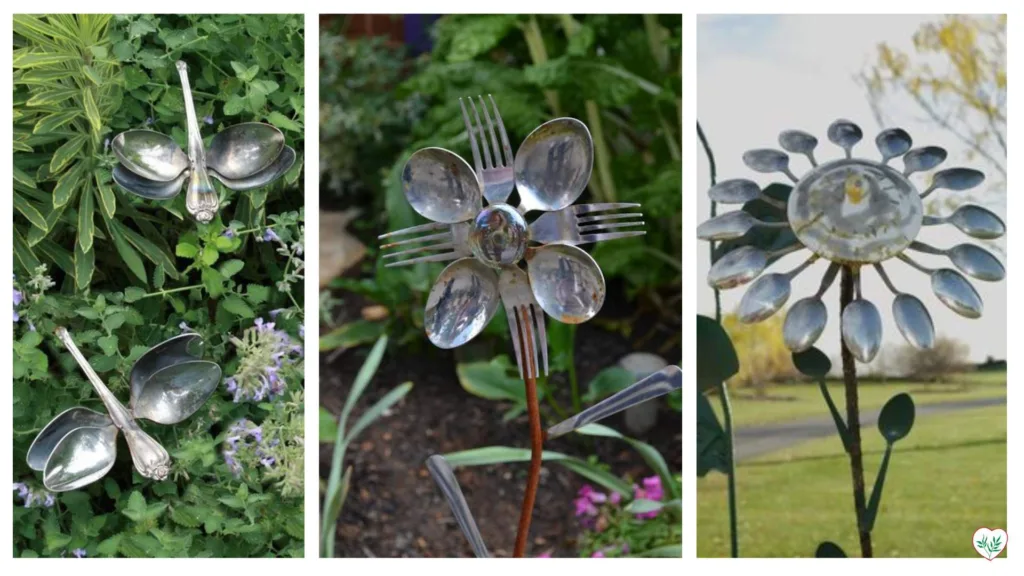 Tre sculture da giardino realizzate con vecchie posate riciclate, tra cui farfalle e fiori, posizionate in un giardino.
