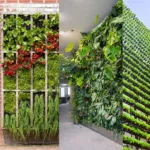 Tre esempi diversi di giardini verticali in contesti urbani e interni mostrano una varietà di configurazioni e tipi di piante.