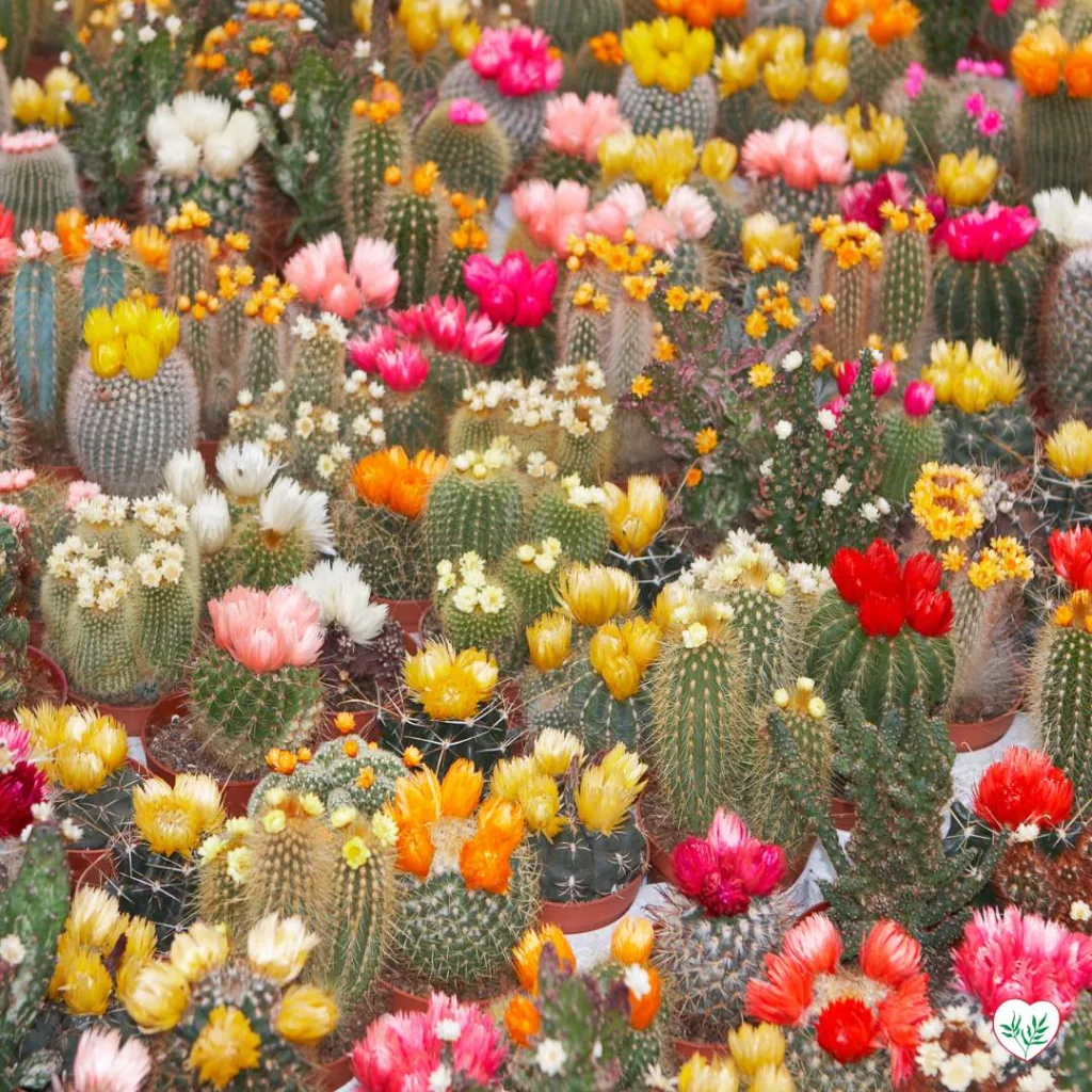 Una collezione di cactus fioriti con una varietà di colori vivaci, da toni di rosso, giallo, arancione a rosa e bianco.
