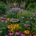 Un giardino rigoglioso con perenni che fioriscono tutto l'anno, mostrando varietà di echinacea, rudbeckia, e altre specie.