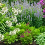 Un giardino perenne rigoglioso composto da piante perenni resistenti al freddo, con fiori bianchi, viola e piante a foglia verde. I fiori viola sono alti e slanciati, mentre i cespugli di fiori bianchi e piante a foglia verde creano un tappeto visivamente accattivante.