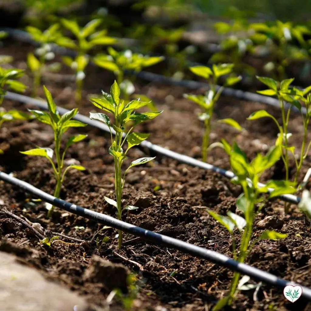 Piante giovani irrigate con sistema a goccia per la Conservazione dell'Acqua nel giardinaggio sostenibile.