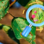 Foglie di pianta con danni causati da malattie delle piante, osservate attraverso una lente d'ingrandimento che mostra batteri e agenti patogeni.