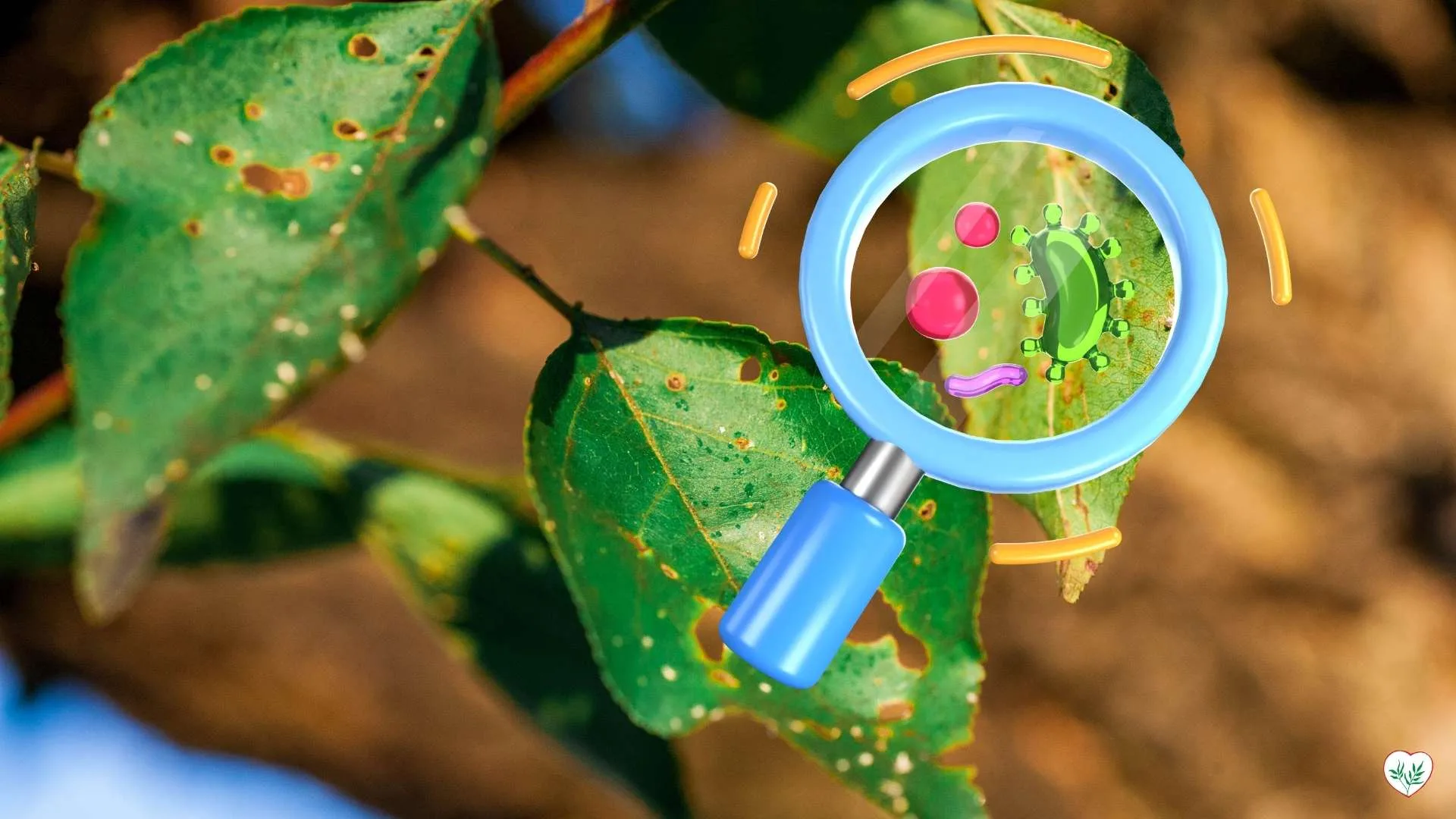 Foglie di pianta con danni causati da malattie delle piante, osservate attraverso una lente d'ingrandimento che mostra batteri e agenti patogeni.