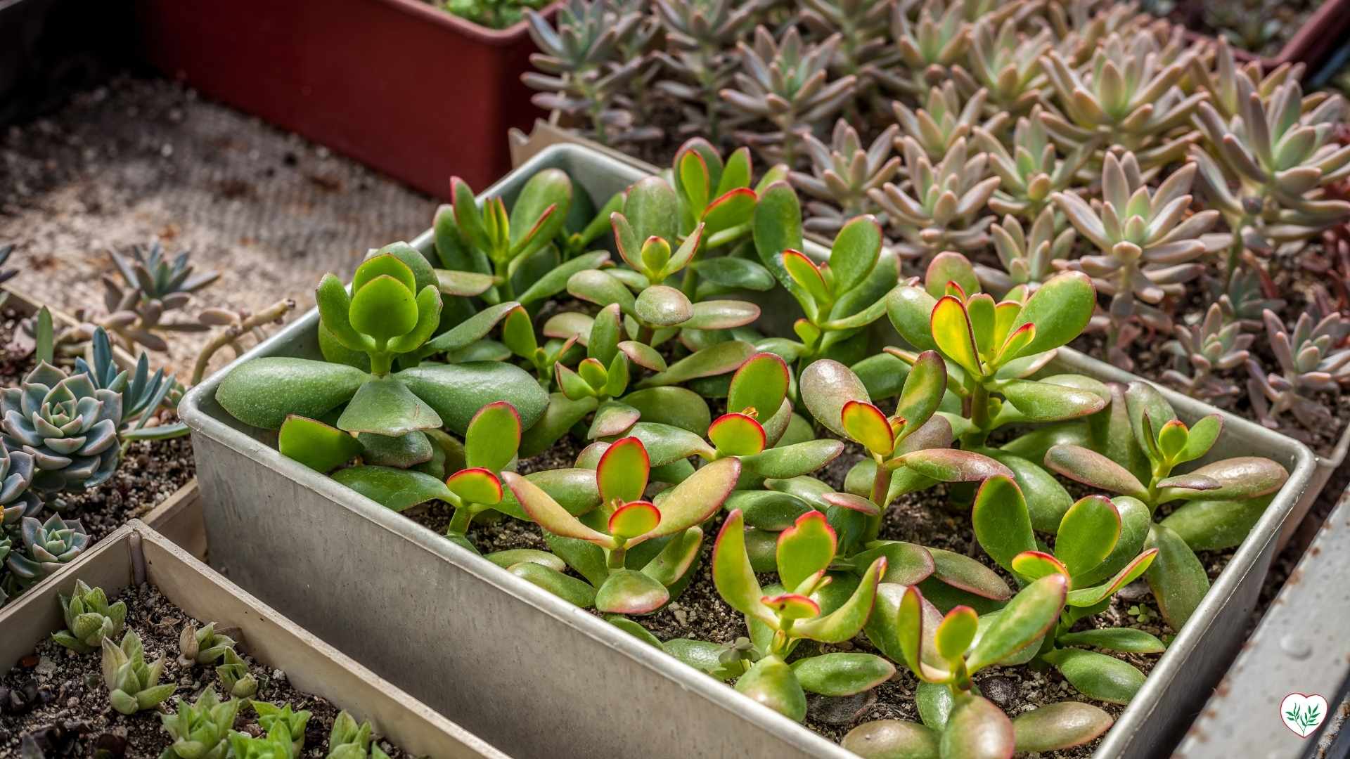 Vasi con diverse piante grasse durante il processo di propagazione delle succulente con talee e steli, in un ambiente ben drenato.